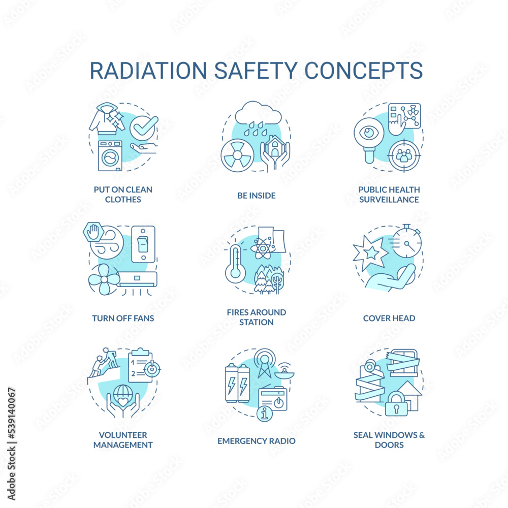 Radiation safety turquoise concept icons set. Radioactive contamination surviving idea thin line color illustrations. Isolated symbols. Editable stroke. Roboto-Medium, Myriad Pro-Bold fonts used