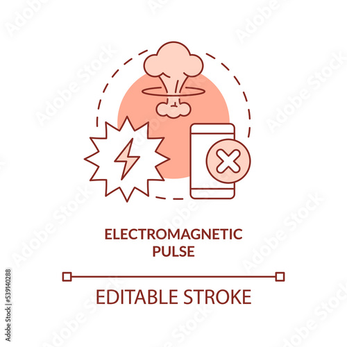 Electromagnetic pulse orange concept icon. Appliances damage. Nuclear explosion abstract idea thin line illustration. Isolated outline drawing. Editable stroke. Arial, Myriad Pro-Bold fonts used