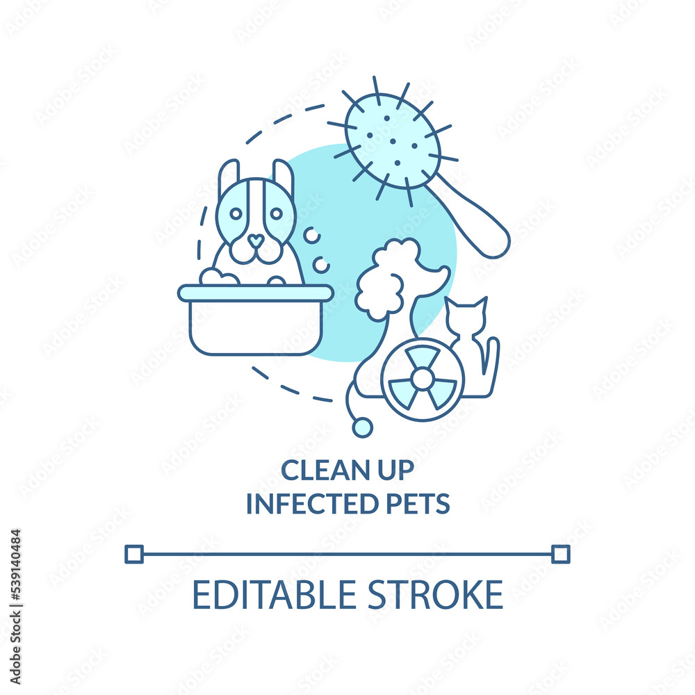 Clean up infected pets turquoise concept icon. Decontaminate after radiation abstract idea thin line illustration. Isolated outline drawing. Editable stroke. Arial, Myriad Pro-Bold fonts used