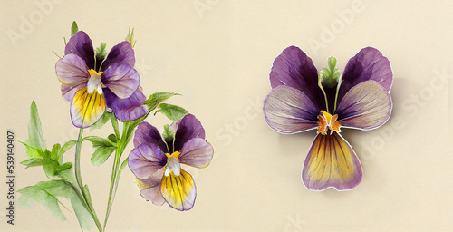 Wild pansy (Viola tricolor). Botanical illustration on white paper. The best medicinal plants, their effects and contraindications. Natural medicine. Plant properties photo