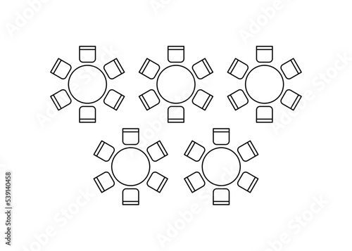 Plan for arranging seats and tables in interior on event banquet, layout graphic outline elements. Chairs and tables signs in scheme architectural plan. Furniture, top view. Vector line