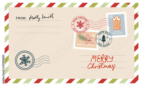 Christmas envelope with stamps, seals and inscriptions Merry Christmas..