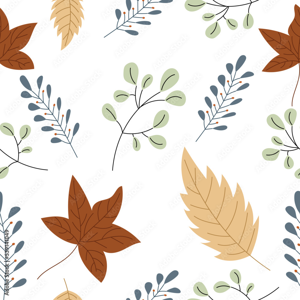 Fototapeta premium Autumn seamless pattern with leaves and plants. Vector version