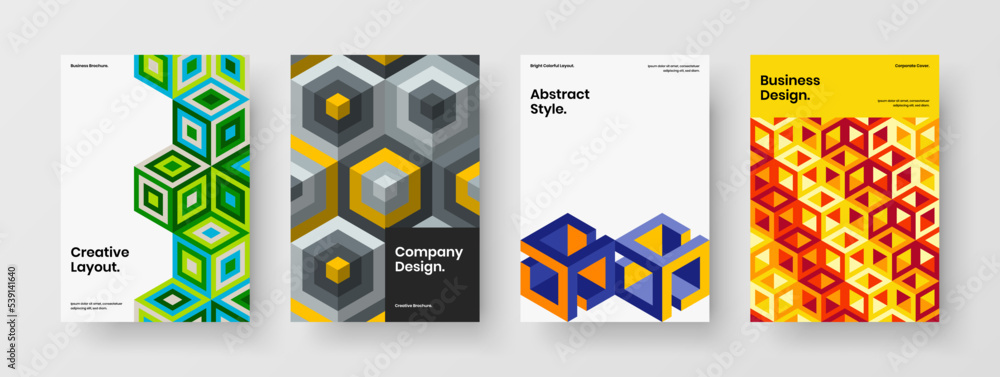 Fototapeta premium Vivid handbill design vector template set. Premium geometric hexagons booklet concept composition.