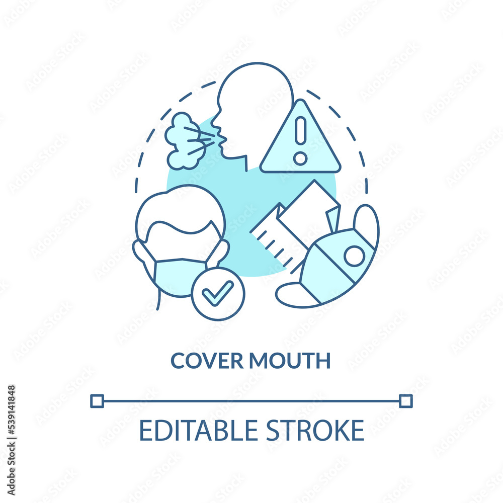 Cover mouth turquoise concept icon. Emergency. Action outside during nuclear attack abstract idea thin line illustration. Isolated outline drawing. Editable stroke. Arial, Myriad Pro-Bold fonts used
