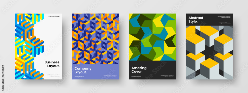 Creative corporate cover A4 vector design template composition. Multicolored mosaic tiles postcard layout bundle.