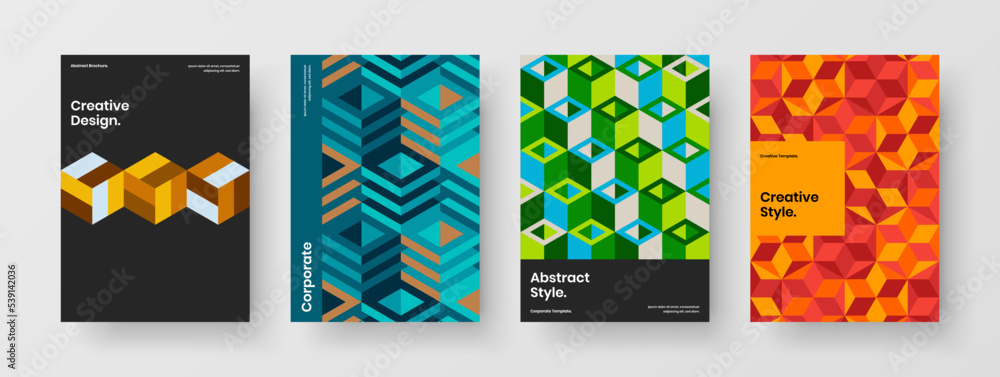 Trendy geometric pattern brochure illustration collection. Simple annual report A4 vector design layout bundle.