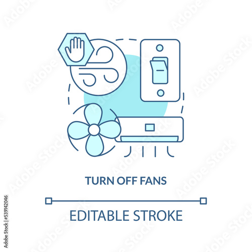 Turn off fans turquoise concept icon. Action at home during nuclear accident abstract idea thin line illustration. Isolated outline drawing. Editable stroke. Arial, Myriad Pro-Bold fonts used