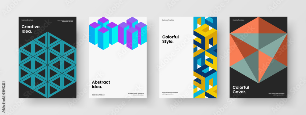 Bright geometric shapes company cover template collection. Vivid leaflet design vector concept bundle.