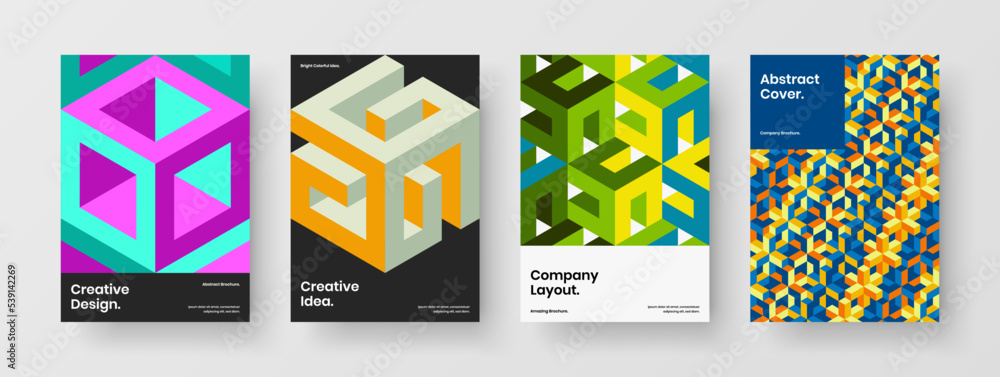 Trendy mosaic hexagons company cover template composition. Clean banner A4 vector design concept bundle.