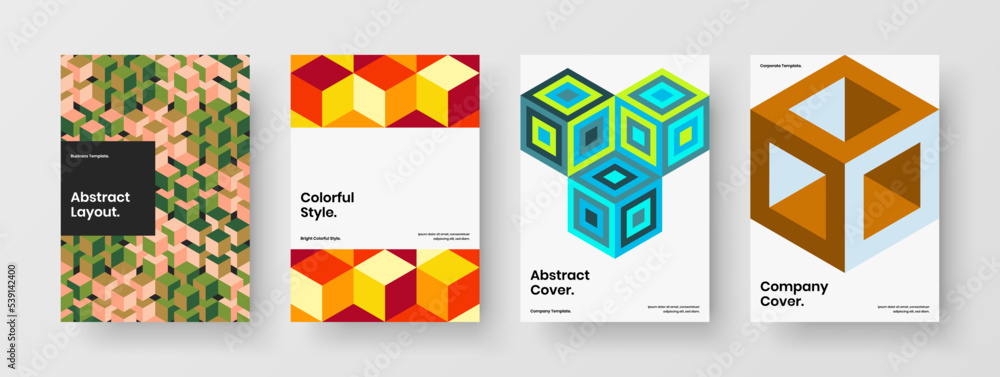 Colorful book cover vector design layout composition. Vivid mosaic pattern company brochure illustration set.