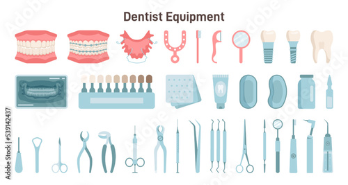 Dentist equipment set. Professional medical instruments and equipment