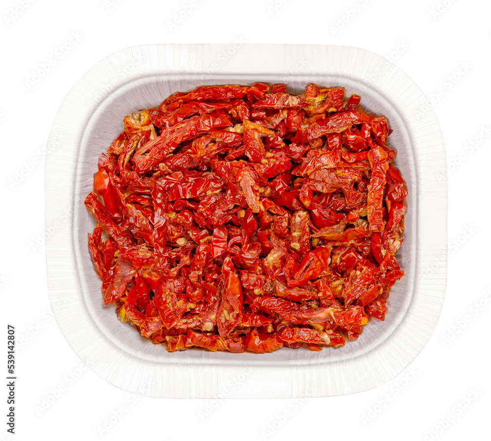 Sun dried tomatoes, in a white punnet, isolated from above. Red ripe plum tomatoes, cut into Julienne strips, salted and then dried in the sun of Sicily. High in lycopene, antioxidants and vitamin C. Sun dried tomatoes, in a white punnet, isolated from above. Red ripe plum tomatoes, cut into Julienne strips, salted and then dried in the sun of Sicily. High in lycopene, antioxidants and vitamin C.