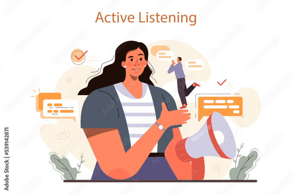 Soft skills concept. Business people or employee with active listening ...