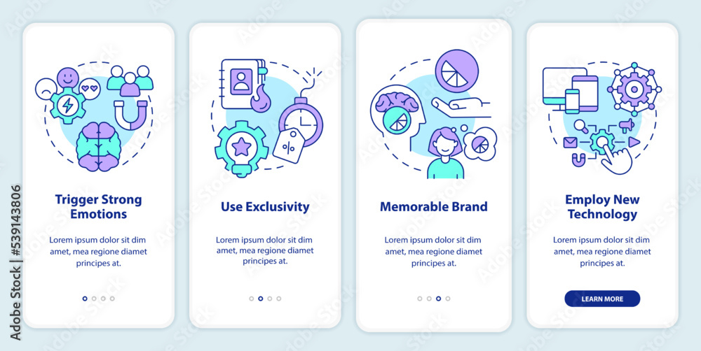 Client emotions and improving experience onboarding mobile app screen. Walkthrough 4 steps editable graphic instructions with linear concepts. UI, UX, GUI template. Myriad Pro-Bold, Regular fonts used