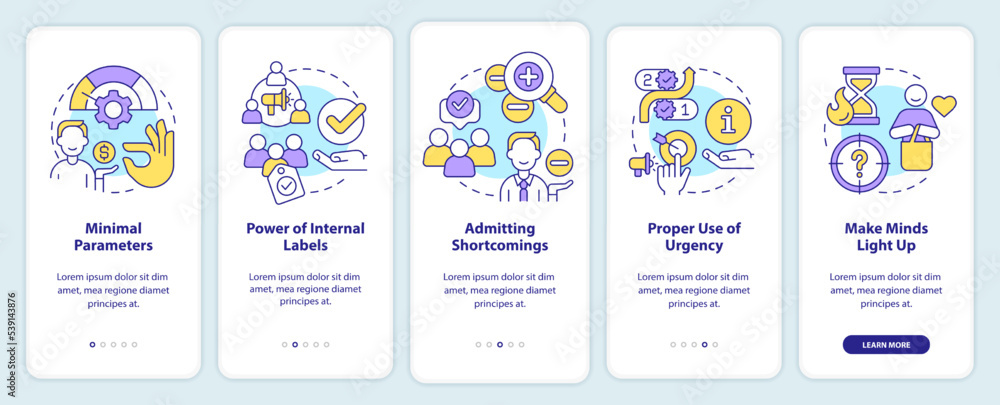 Convert more customers onboarding mobile app screen. Consumer behavior walkthrough 5 steps editable graphic instructions with linear concepts. UI, UX, GUI template. Myriad Pro-Bold, Regular fonts used