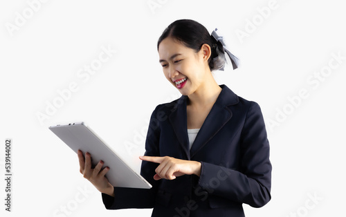 Asian businesswoman holding tablet computer smiling chating and touching on screen white background. 