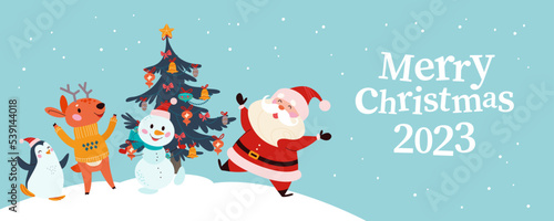 Merry Christmas concept with Santa Claus, winter animals and text congratulation. Vector flat Christmas illustration. For banner, card, package.