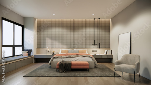 Modern bedroom interior design and decoration with grey bedding fabric armchair empty frame on wooden foor with sunlight from window. 3d rendering mockup apartment room. 