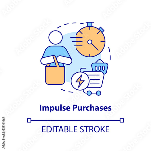 Impulse purchase concept icon. Buying behaviour. Unplanned shopping. Sales psychology abstract idea thin line illustration. Isolated outline drawing. Editable stroke. Arial, Myriad Pro-Bold fonts used