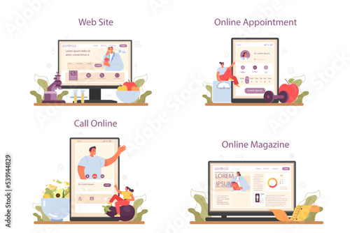 Nutritionist online service or platform set. Nutrition therapy with healthy