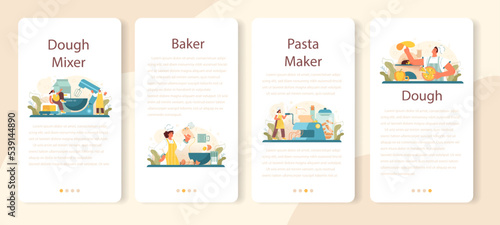 Pasta maker mobile application banner set. Baker cooking italian