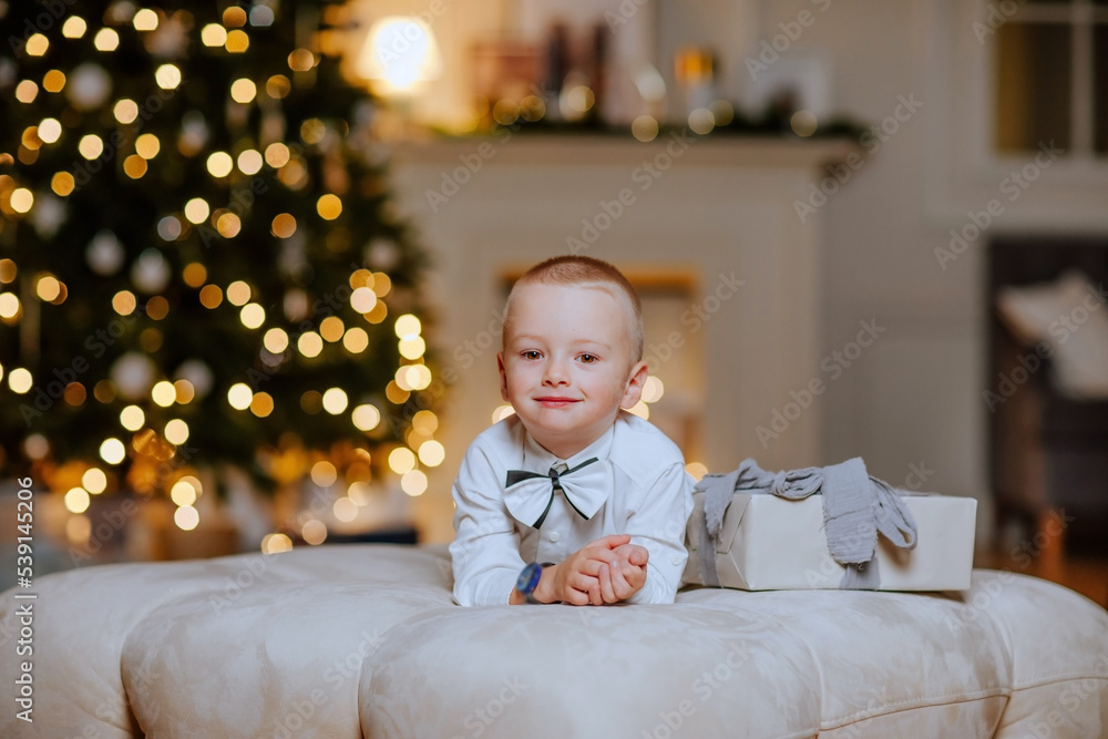 Boy in elegant shirt with a tie is posing in Christmas room with blurred tree Boy in elegant shirt with a tie is posing in Christmas room with blurred tree