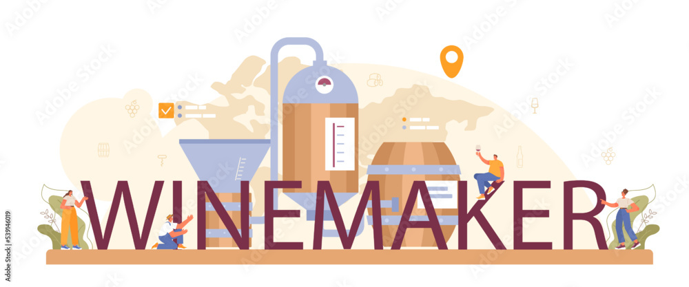 Wine maker typographic header. Wood barrel, bottle of a red wine Wine maker typographic header. Wood barrel, bottle of a red wine