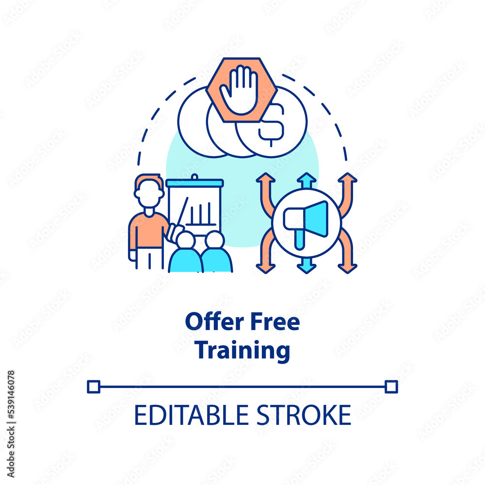 Offer free training concept icon. Provide courses. Marketing engagement tactic abstract idea thin line illustration. Isolated outline drawing. Editable stroke. Arial, Myriad Pro-Bold fonts used Offer free training concept icon. Provide courses. Marketing engagement tactic abstract idea thin line illustration. Isolated outline drawing. Editable stroke. Arial, Myriad Pro-Bold fonts used
