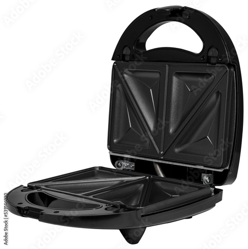 open black waffle iron on a white background. sandwich maker
