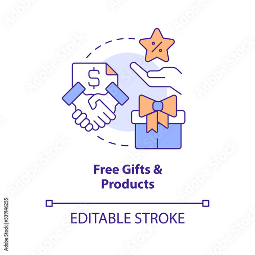 Free gifts and products concept icon. Exclusive proposition. Loyalty program. Freebie abstract idea thin line illustration. Isolated outline drawing. Editable stroke. Arial, Myriad Pro-Bold fonts used