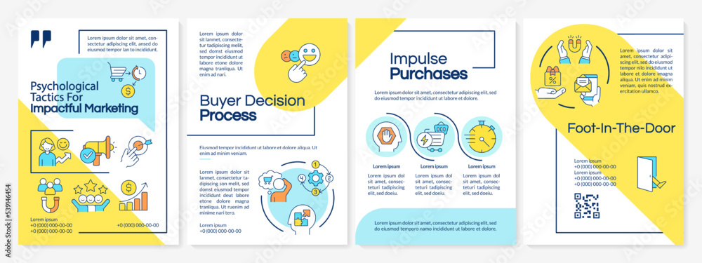 Impactful marketing tricks blue and yellow brochure template. Leaflet design with linear icons. Editable 4 vector layouts for presentation, annual reports. Questrial-Regular, Lato-Regular fonts used