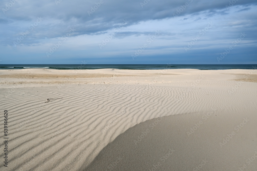 Landscape with sand structures, creating a new dune, at the beach between Łeba and the wandering dune Wydma Łącka in Poland  - obrazy, fototapety, plakaty 