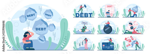Debt concept set. Character with a loan liability. Problem with finance