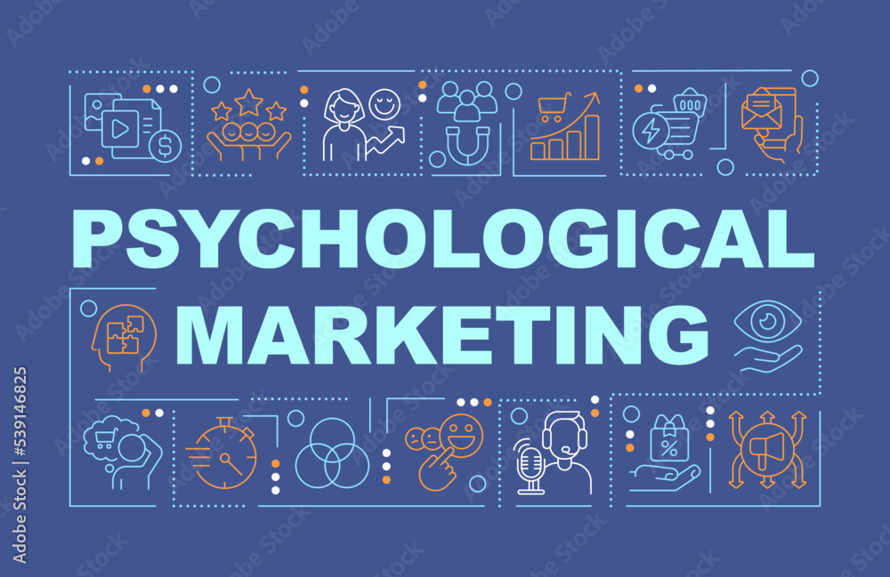 Psychological marketing word concepts dark blue banner. Behaviour. Infographics with editable icons on color background. Isolated typography. Vector illustration with text. Arial-Black font used