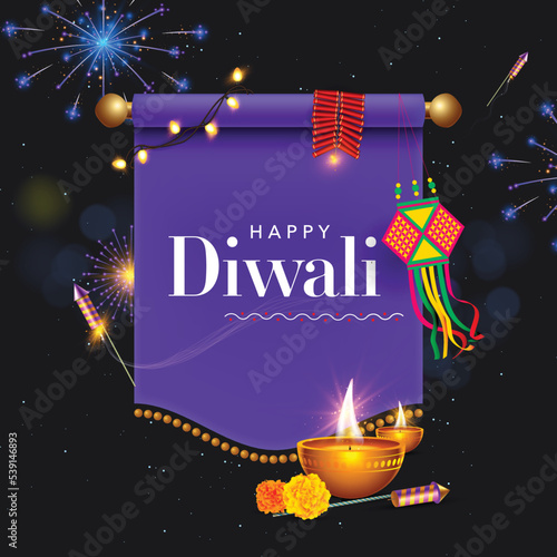 Illustration of Happy diwali burning diya,  flying rockets, fireworks, crackers, hanging lantern 