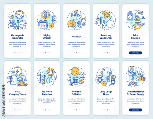 Advantages of hydrogen onboarding mobile app screen set. Pros of h2 walkthrough 5 steps editable graphic instructions with linear concepts. UI, UX, GUI template. Myriad Pro-Bold, Regular fonts used