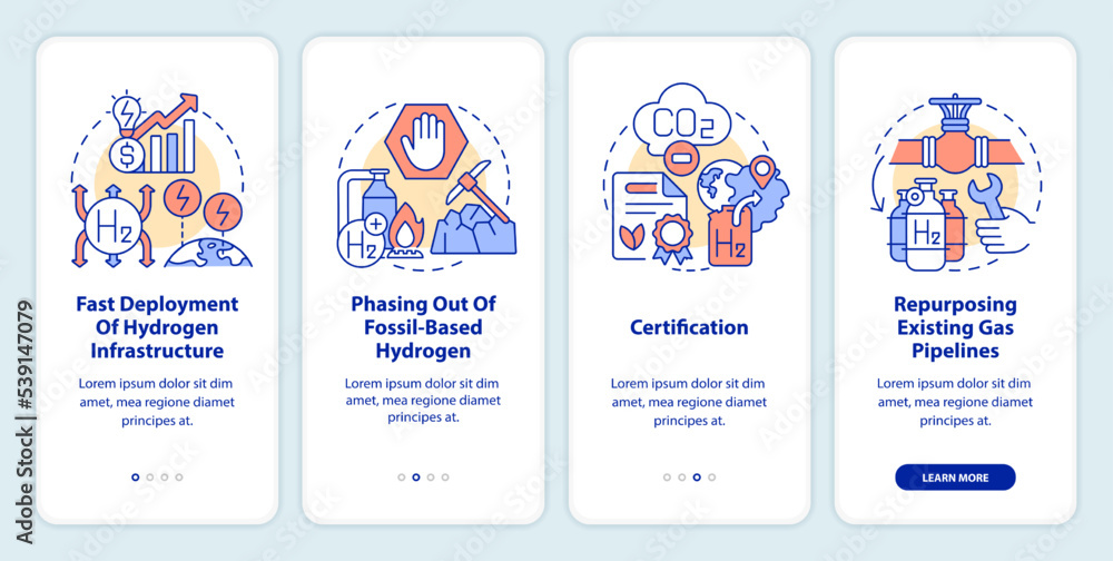 Implement hydrogen economy onboarding mobile app screen. H2 strategy walkthrough 4 steps editable graphic instructions with linear concepts. UI, UX, GUI template. Myriad Pro-Bold, Regular fonts used