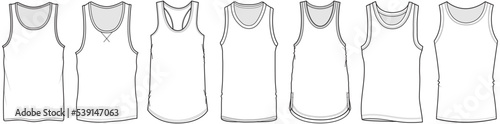 mens sleeveless underwear vests, inner wear tank tops, undershirts fashion flat sketch vector illustration technical drawing template, cad mockup. photo