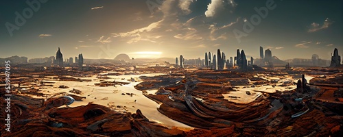 Alien Planet. Futuristic fantasy landscape, sci-fi landscape with planet, cold planet. 3d illustration. Great for use in your creative projects.