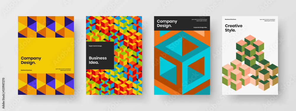 Unique postcard A4 design vector illustration bundle. Amazing geometric hexagons journal cover template set.