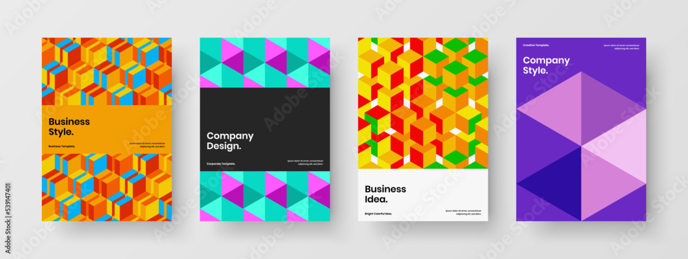Modern geometric hexagons placard concept bundle. Unique brochure A4 design vector illustration set.