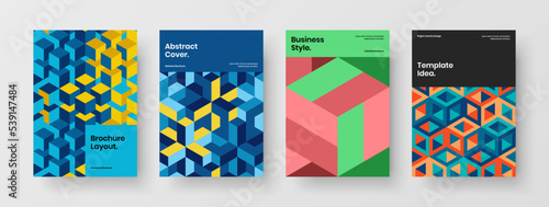 Abstract geometric hexagons placard illustration bundle. Fresh magazine cover A4 vector design concept collection.