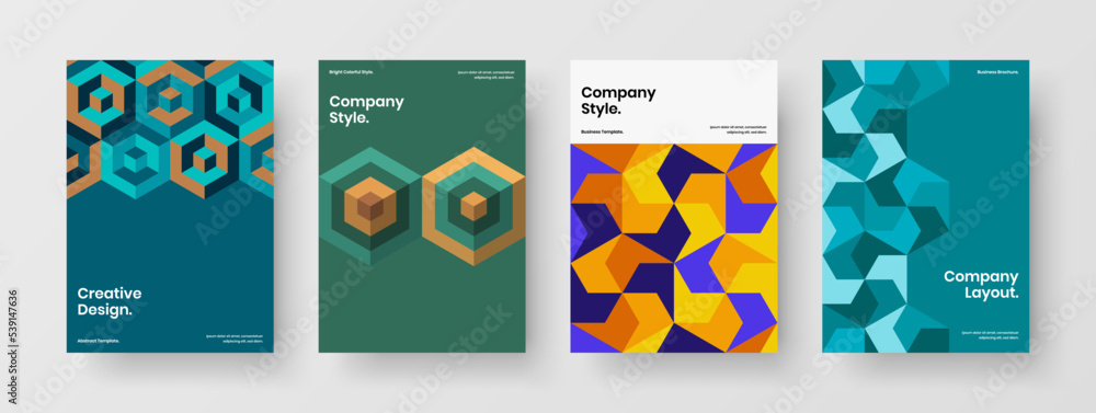 Premium journal cover A4 vector design illustration set. Unique mosaic hexagons corporate identity layout collection.