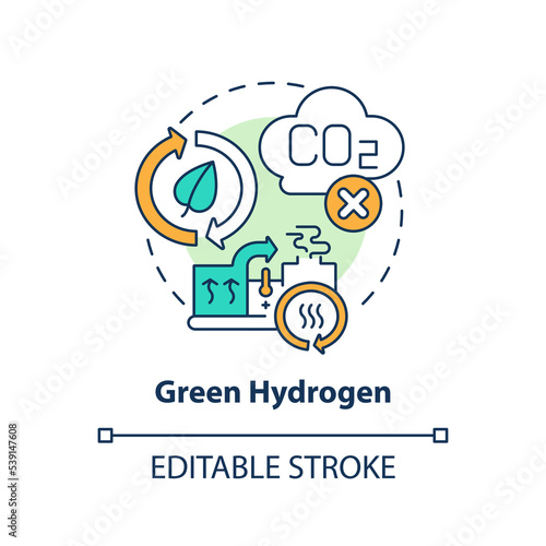 Green hydrogen concept icon. Alternative fuel production. Low carbon energy source abstract idea thin line illustration. Isolated outline drawing. Editable stroke. Arial, Myriad Pro-Bold fonts used
