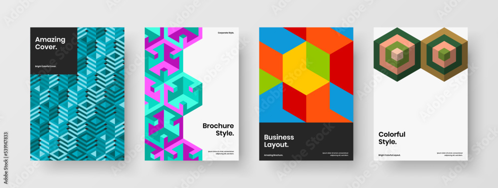 Modern catalog cover design vector layout set. Vivid geometric shapes banner template collection.