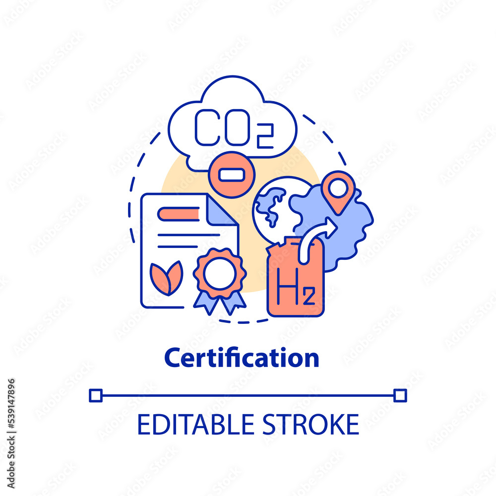 Hydrogen certification concept icon. Validation of fuel cell technology abstract idea thin line illustration. Isolated outline drawing. Editable stroke. Arial, Myriad Pro-Bold fonts used Hydrogen certification concept icon. Validation of fuel cell technology abstract idea thin line illustration. Isolated outline drawing. Editable stroke. Arial, Myriad Pro-Bold fonts used