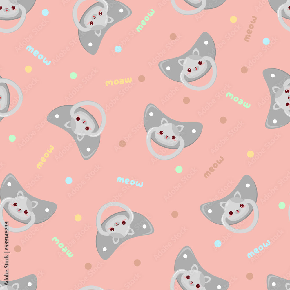 Seamless children's pattern on a pink background. A dummy with a cat. Pacifier for children