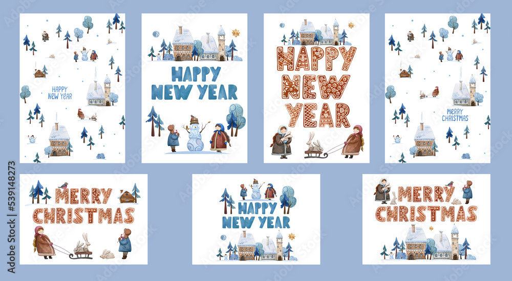 A set of New Year and Christmas cards with cute illustrations and lettering. A set of New Year and Christmas cards with cute illustrations and lettering.