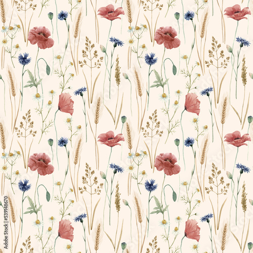 Beautiful floral seamless pattern with watercolor hand drawn field wild cornflower poppy flowers. Stock illustration.